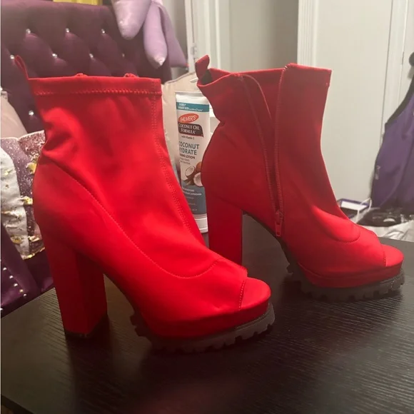Red Peep-Toe Ankle Boots - Picture 2 of 3